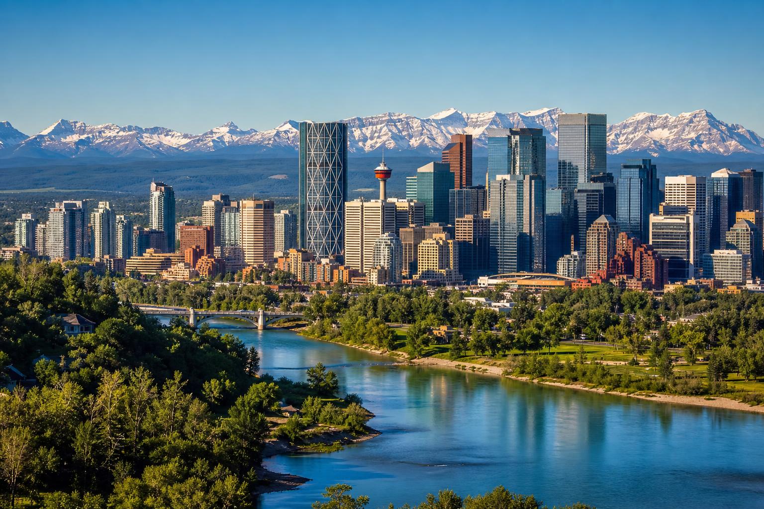 Calgary skyline with the Calgary Tower, full downtown core, Bow River, and Rocky Mountains in summer